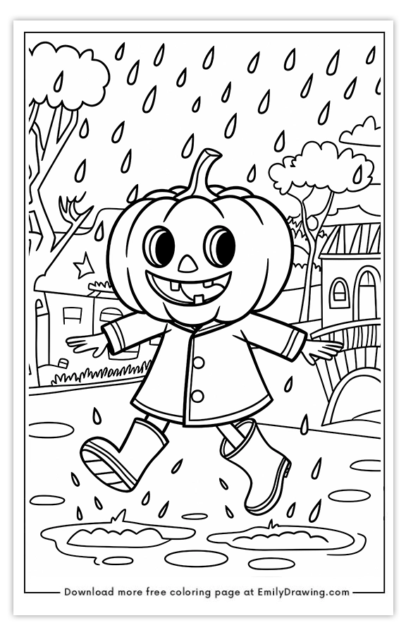 Free printable Pumpkin Jumping in Puddles coloring pages with PDF files for download and printing!