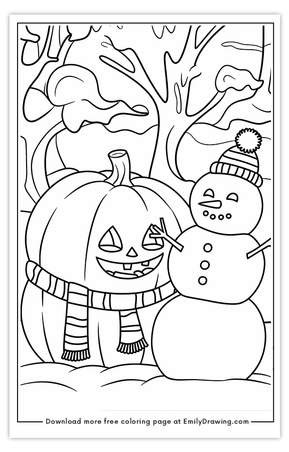 Free printable Pumpkin Making a Snowman coloring pages with PDF files for download and printing!