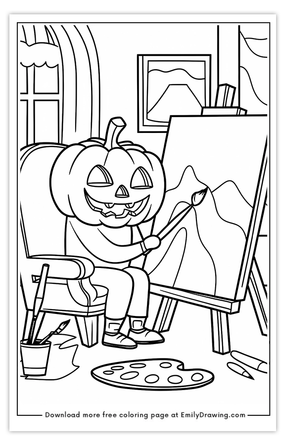 Free printable Pumpkin Painting a Picture coloring pages with PDF files for download and printing!