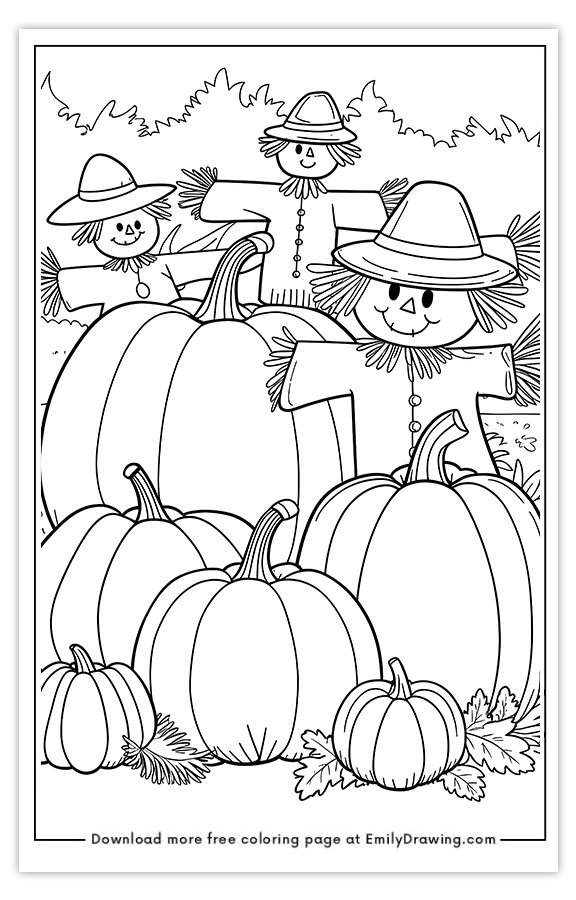 Free printable Pumpkin Patch with Scarecrows coloring pages with PDF files for download and printing!