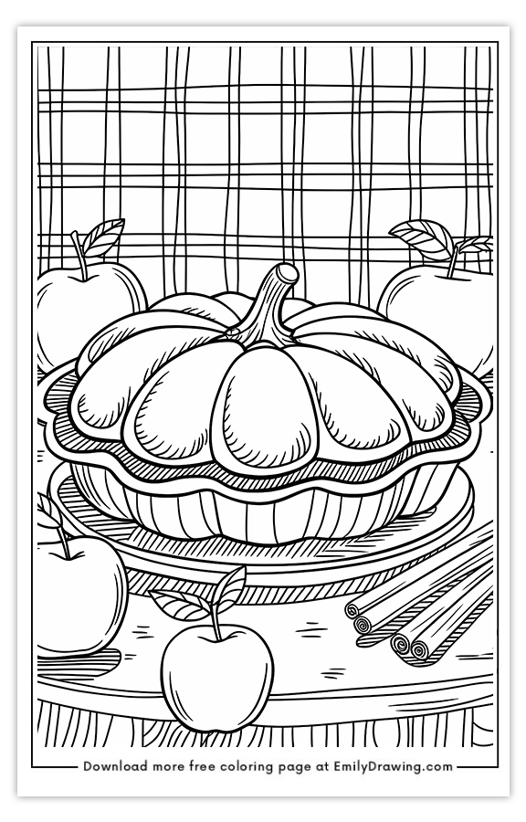 Free printable Pumpkin Pie on a Table  coloring pages with PDF files for download and printing!