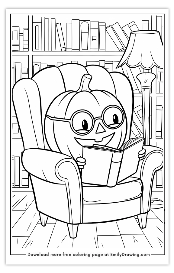 Free printable Pumpkin Reading a Book coloring pages with PDF files for download and printing!