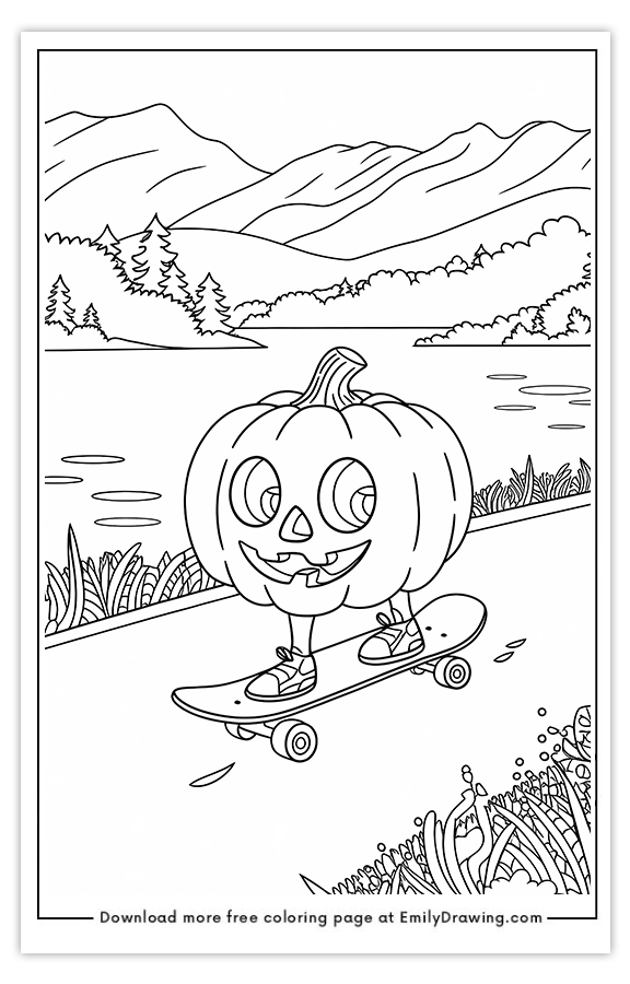 Free printable Pumpkin Reading a Skateboard coloring pages with PDF files for download and printing!