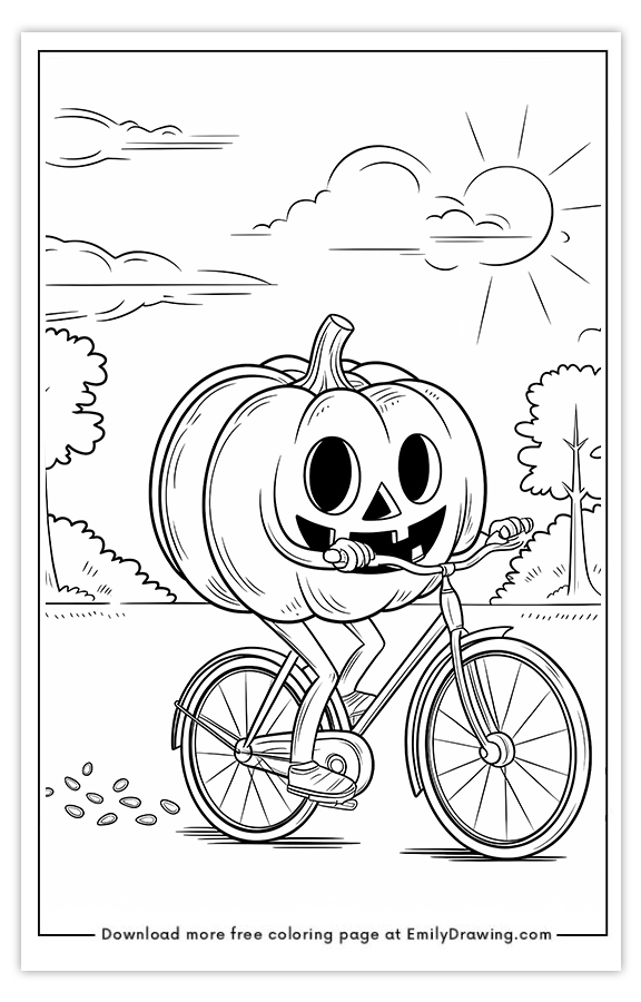 Free printable Pumpkin Riding a Bicycle coloring pages with PDF files for download and printing!