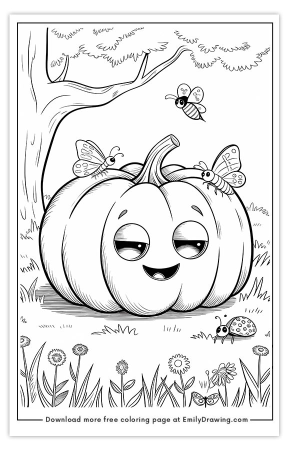 Free printable Pumpkin Taking a Nap Under a Tree coloring pages with PDF files for download and printing!