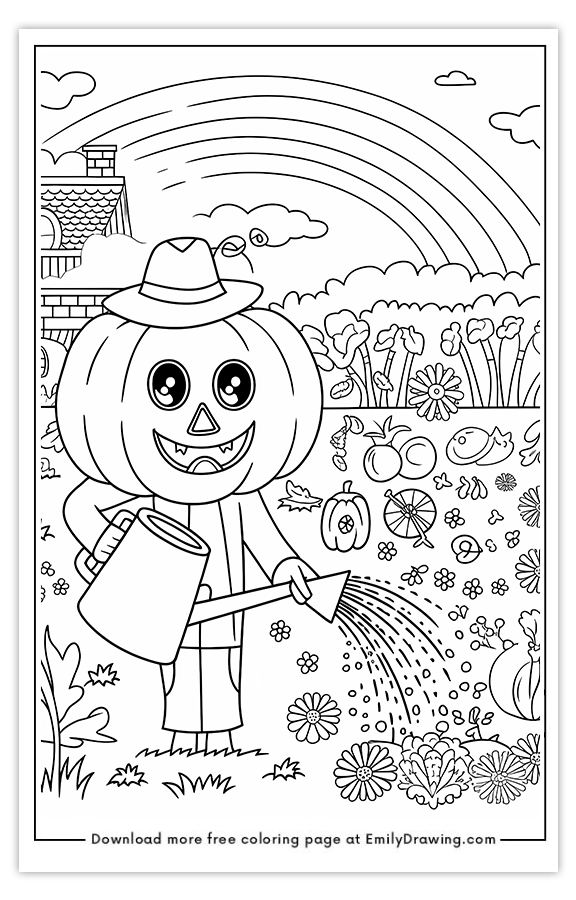 Free printable Pumpkin Watering a Garden coloring pages with PDF files for download and printing!