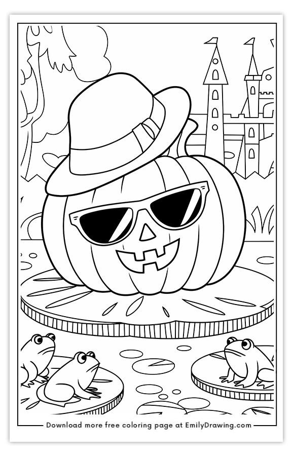 Free printable Pumpkin Wearing a Hat and Sunglasses coloring pages with PDF files for download and printing!