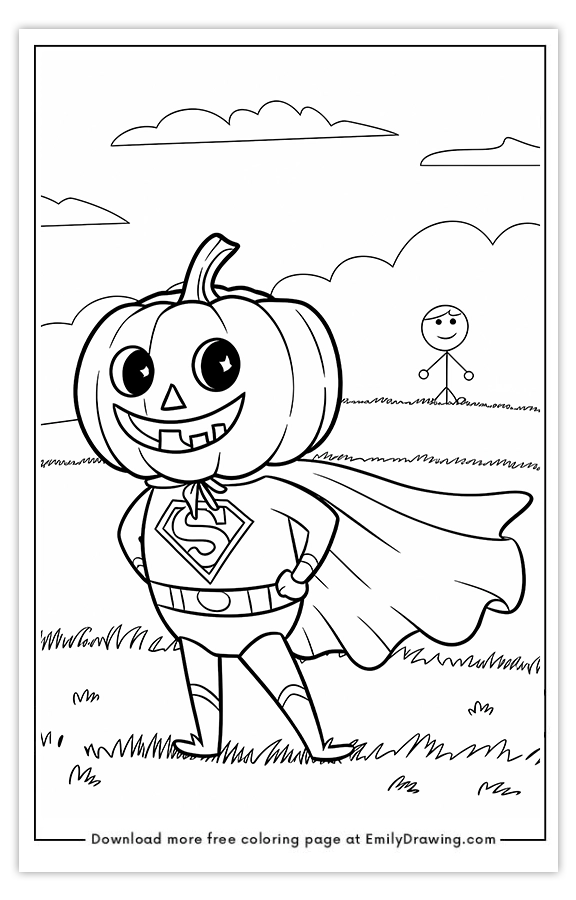 Free printable Pumpkin Wearing a Superhero Cape coloring pages with PDF files for download and printing!