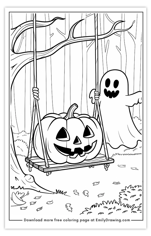 Free printable Pumpkin on a Swing Hanging coloring pages with PDF files for download and printing!