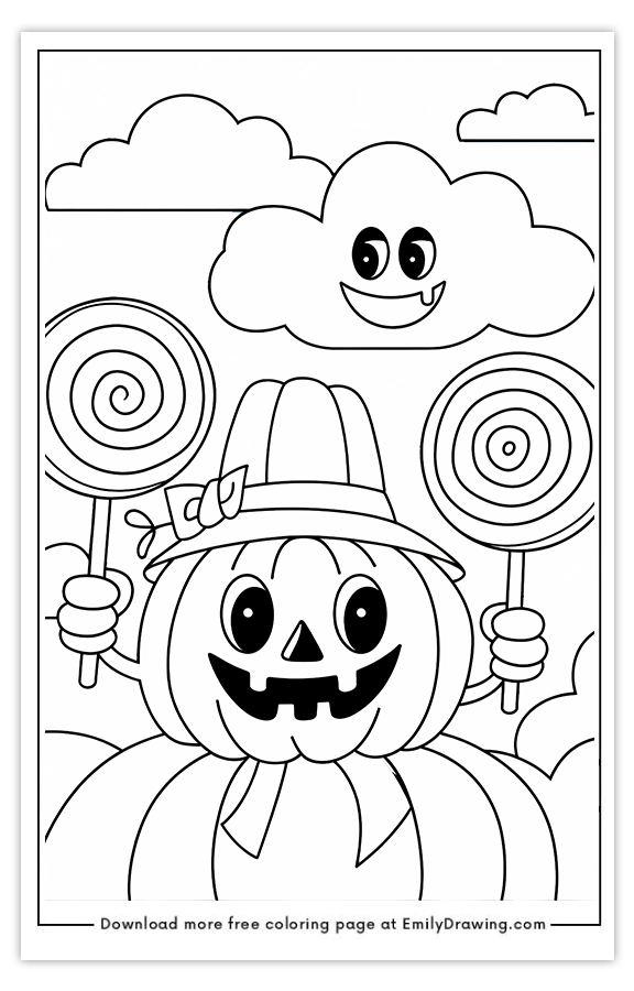 Free printable Pumpkin with Lollipops coloring pages with PDF files for download and printing!