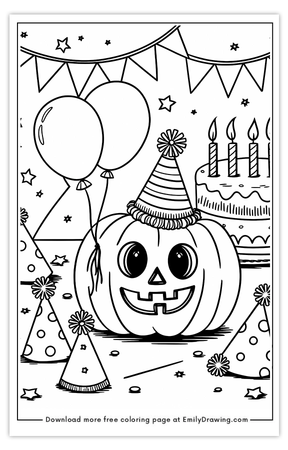 Free printable Pumpkin with a Birthday Party coloring pages with PDF files for download and printing!