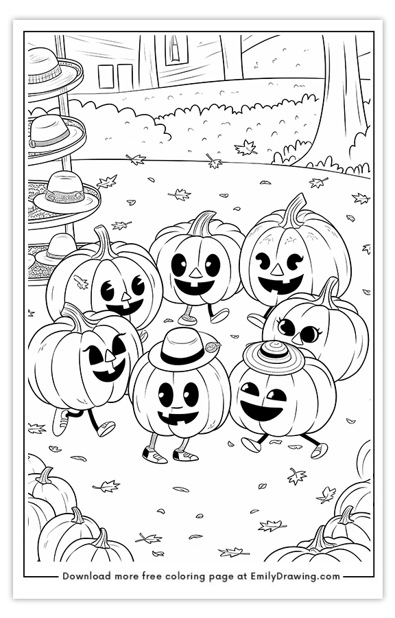 Free printable Pumpkins Dancing Together coloring pages with PDF files for download and printing!