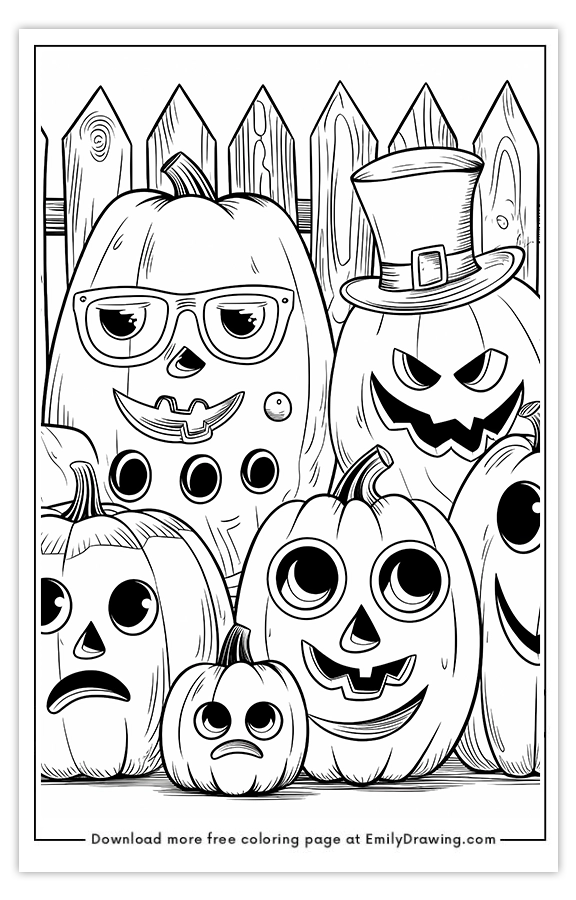 Free printable Pumpkins with Funny Faces coloring pages with PDF files for download and printing!