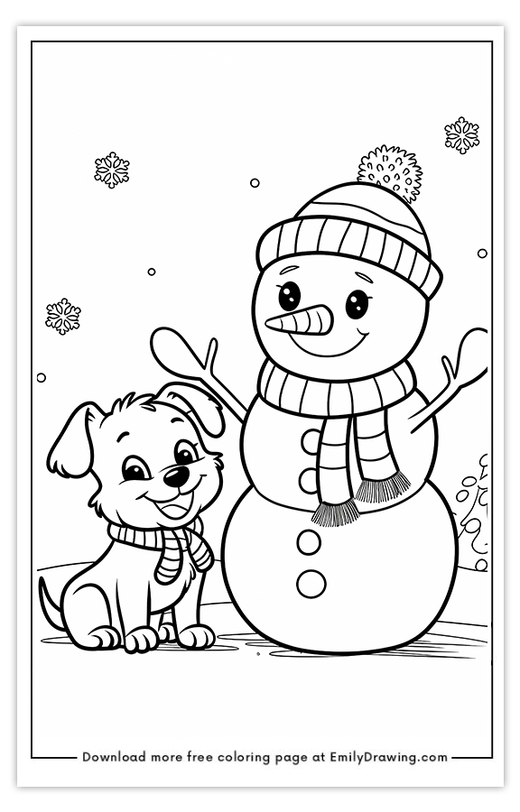 Free printable Puppys Playful Winter with Snowman coloring pages with PDF files for download and printing!