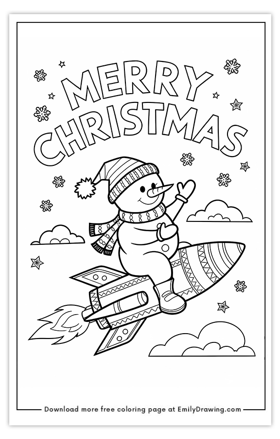 Free printable Rocketing Snowmans Merry Christmas coloring pages with PDF files for download and printing!