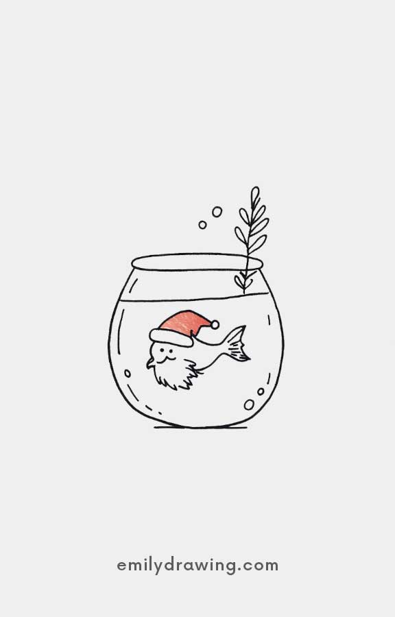 Whimsical fish with Santa hat in a fishbowl illustration.