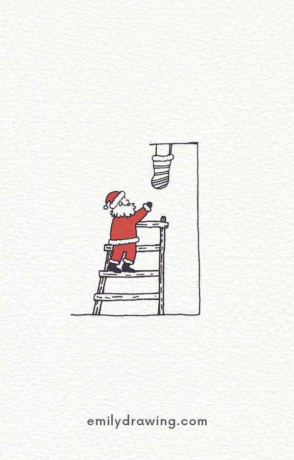 Santa on a ladder hanging a stocking illustration for Christmas.