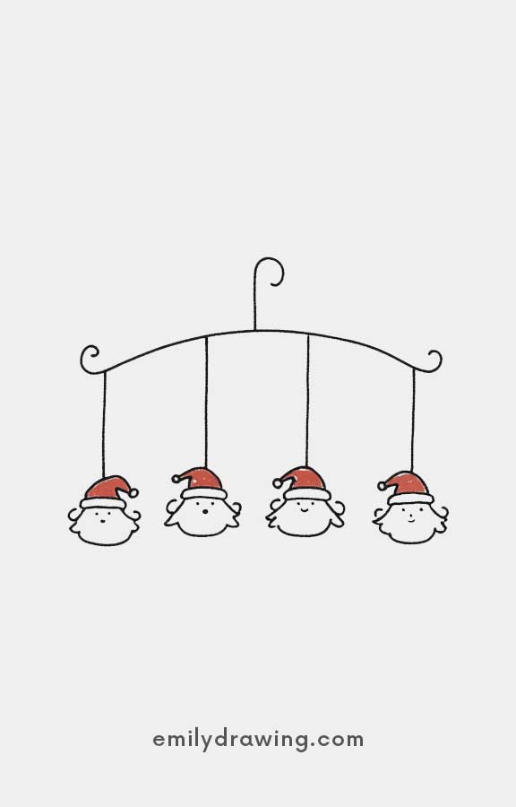 Adorable Santa faces hanging from a mobile illustration.