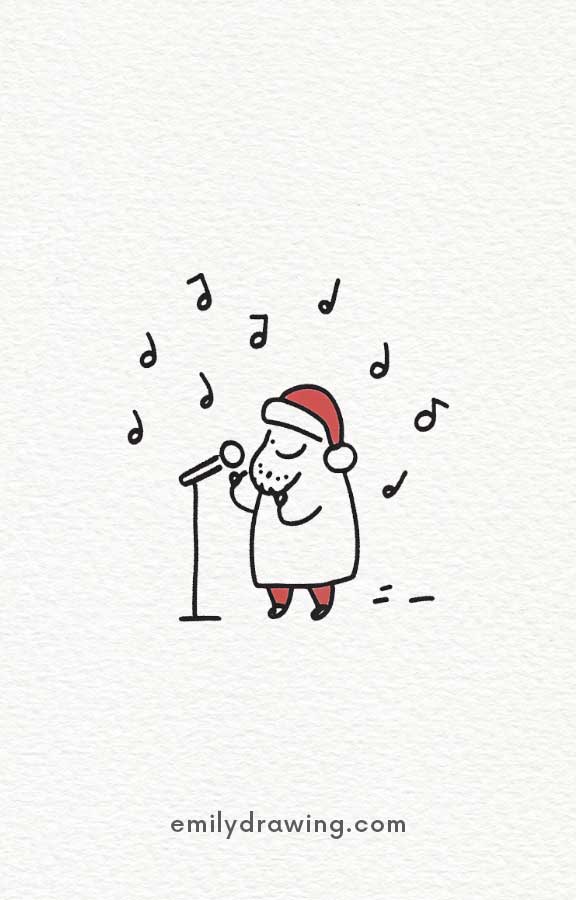 Santa Claus singing into a microphone surrounded by music notes.