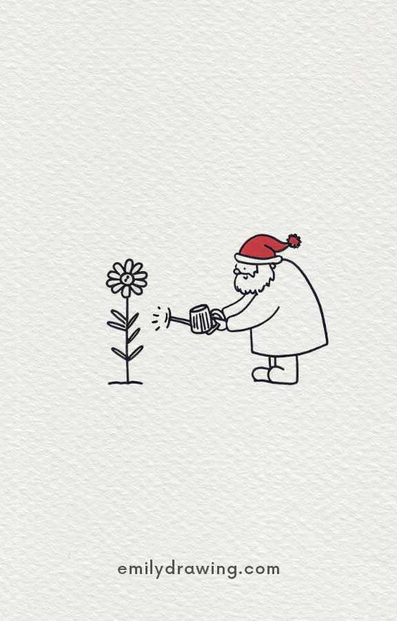 Santa Claus watering a tall flower with a watering can illustration.