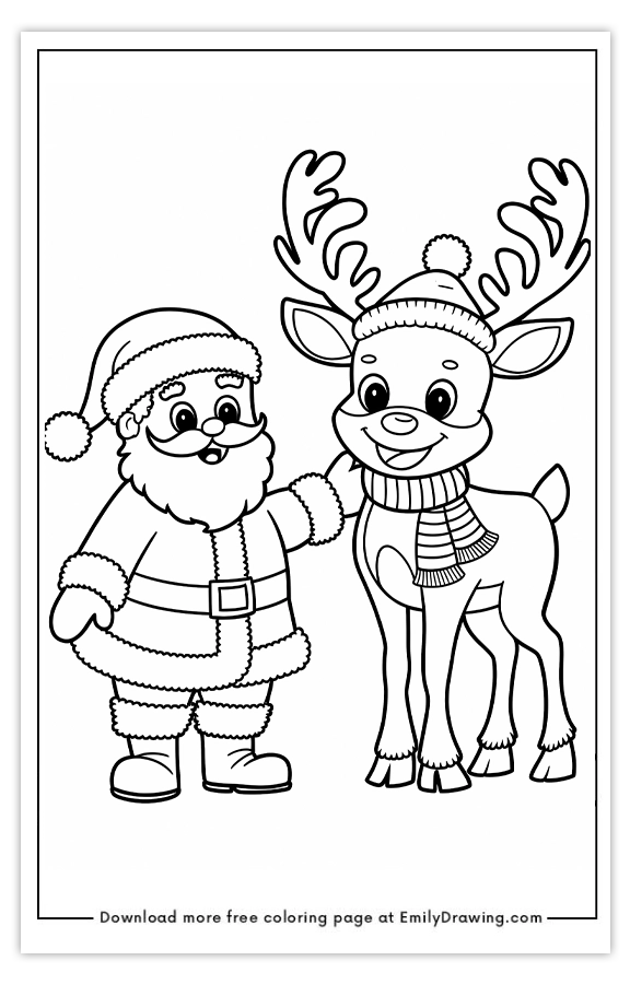 Free printable Santa and Reindeers Festive Friendship coloring pages with PDF files for download and printing!