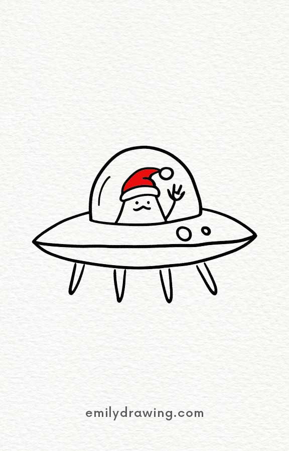 Santa Claus waving from inside a flying UFO illustration.