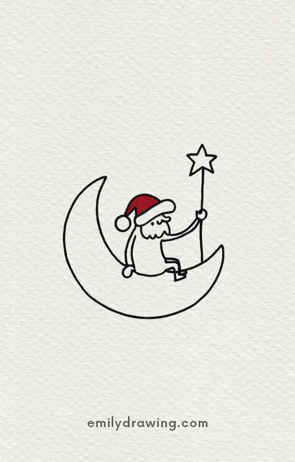 Santa sitting on a crescent moon holding a star-topped staff.