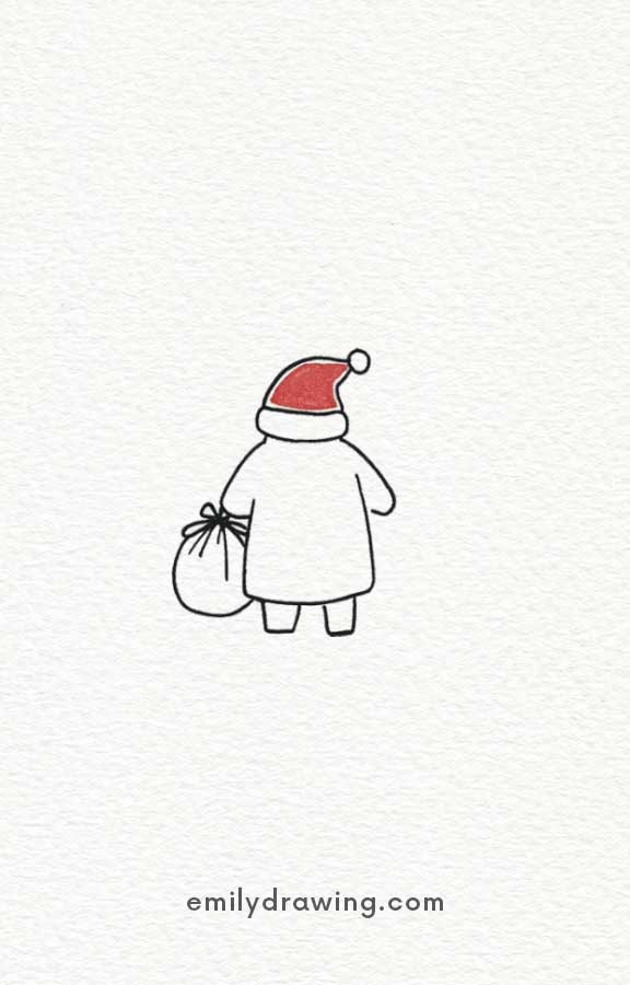 Simple back view of Santa holding a gift sack illustration.