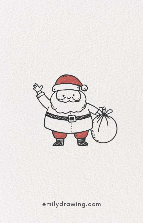 Santa waving with a sack of gifts, simple festive art.