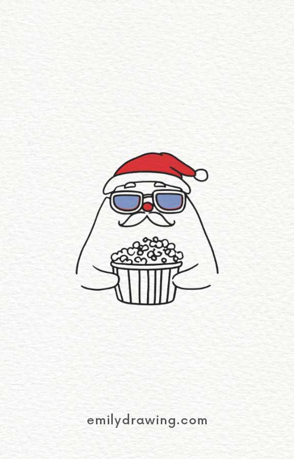 Fun Santa drawing holding popcorn, wearing glasses and a hat.