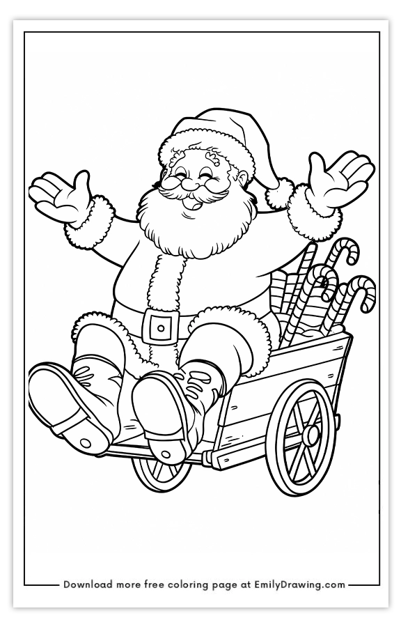 Free printable Santas Candy Cane Cart Ride coloring pages with PDF files for download and printing!