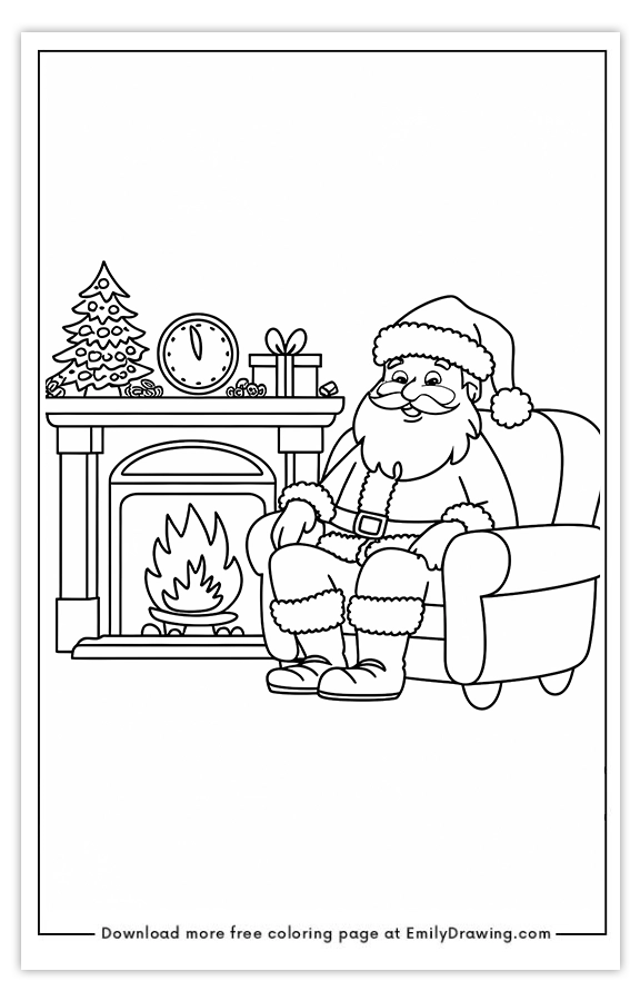 Free printable Santas Cozy Christmas Eve by the Fire coloring pages with PDF files for download and printing!