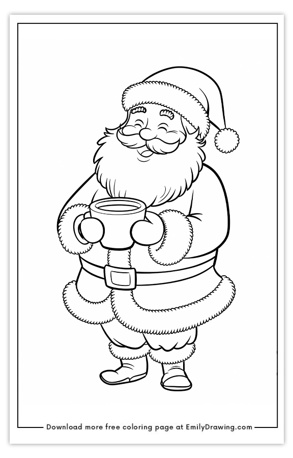 Free printable Santas Cozy Holiday Sip coloring pages with PDF files for download and printing!