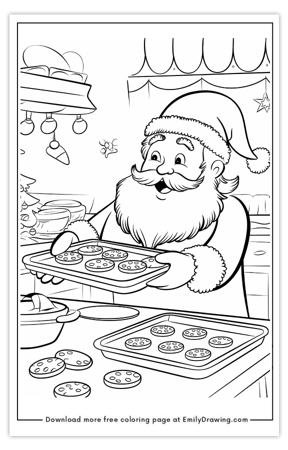 Free printable Santas Festive Cookie Baking coloring pages with PDF files for download and printing!