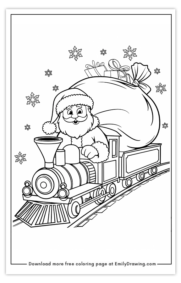 Free printable Santas Festive Train Ride coloring pages with PDF files for download and printing!