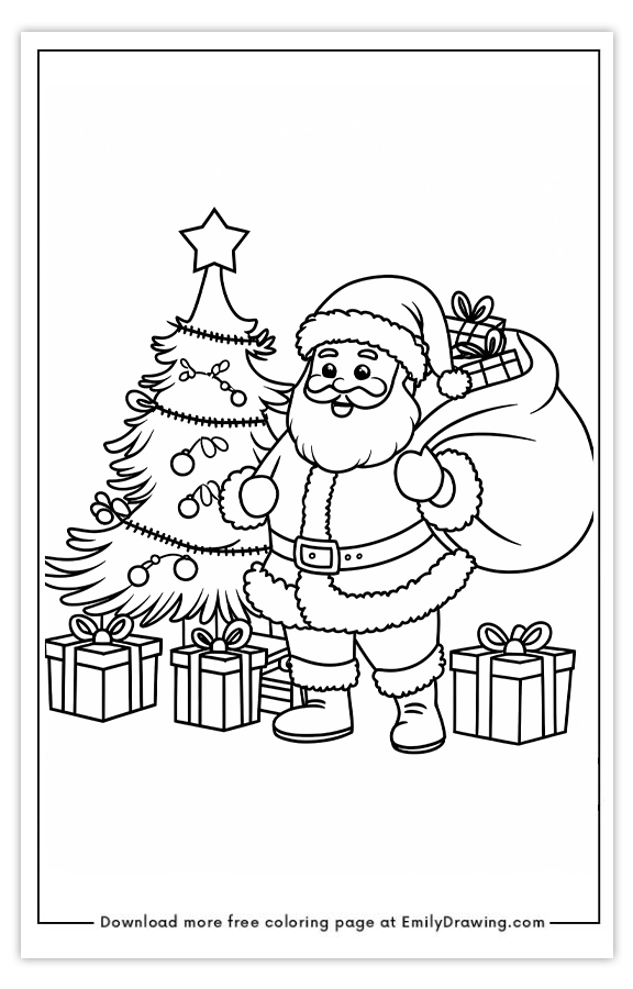 Free printable Santas Gift-Giving by the Tree coloring pages with PDF files for download and printing!