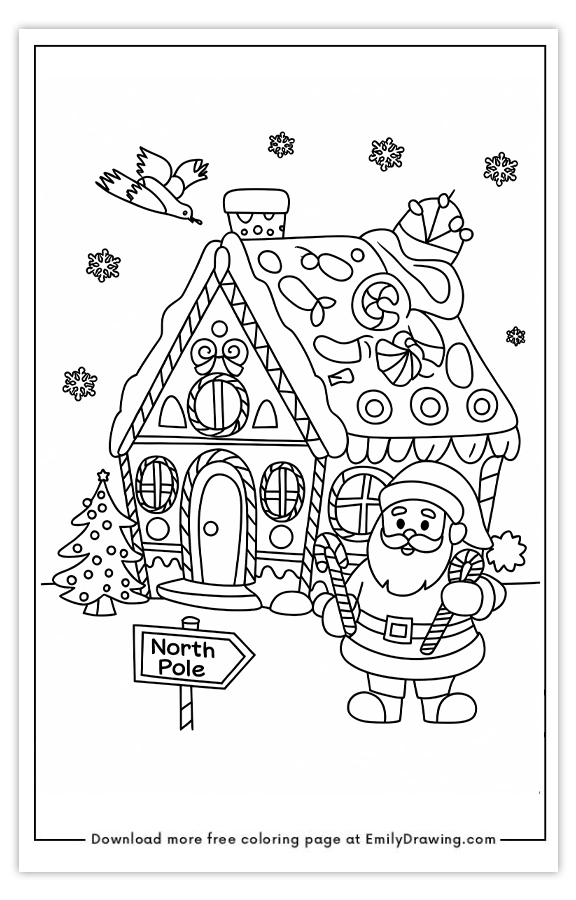 Free printable Santas Gingerbread House coloring pages with PDF files for download and printing!