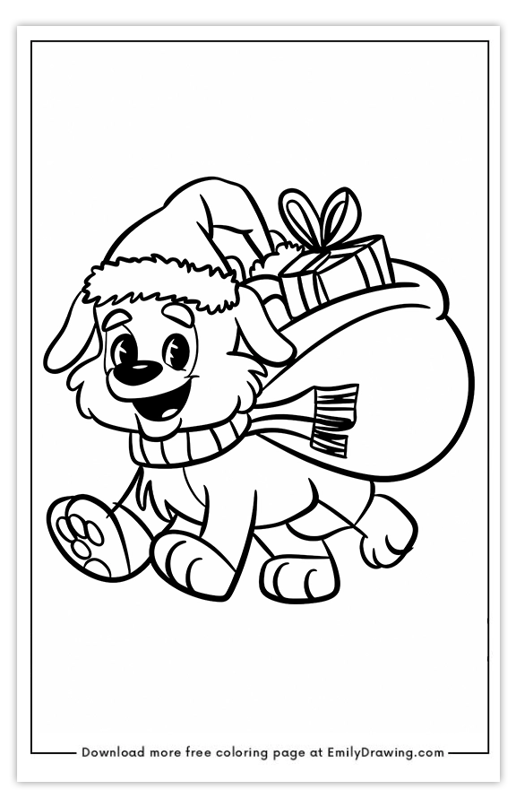 Free printable Santas Happy Helper Dog coloring pages with PDF files for download and printing!