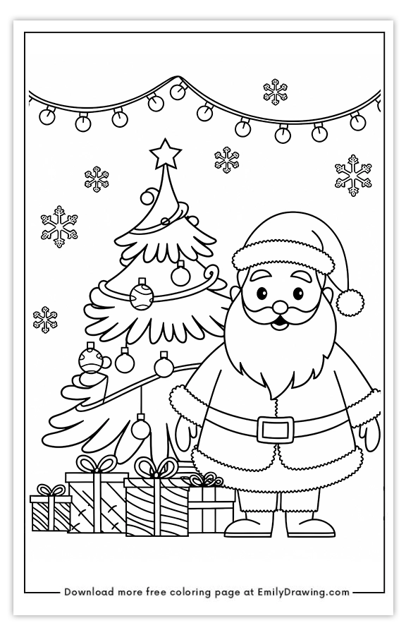 Free printable Santas Jolly Christmas by the Tree coloring pages with PDF files for download and printing!