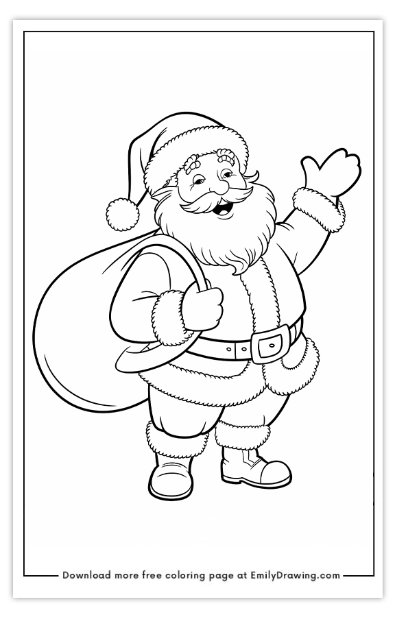 Free printable Santas Jolly Holiday Greeting coloring pages with PDF files for download and printing!