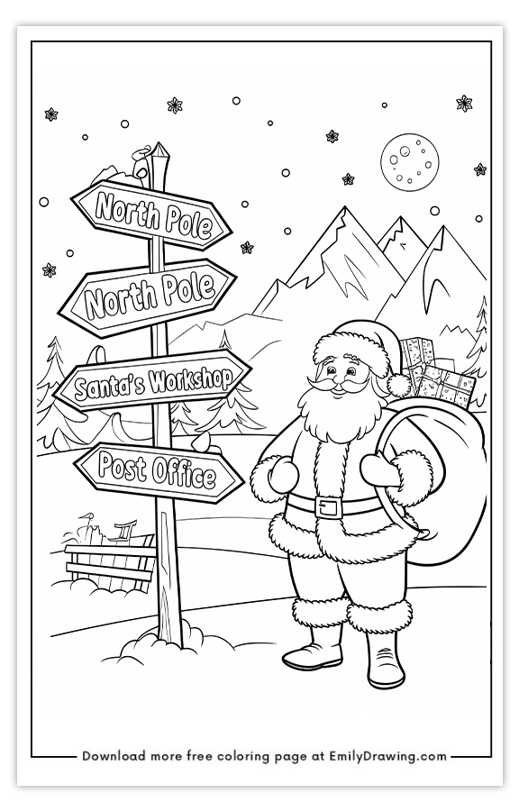 Free printable Santas Journey to the North Pole coloring pages with PDF files for download and printing!