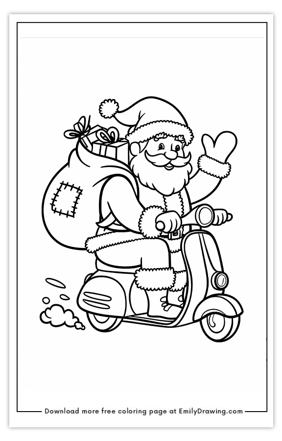 Free printable Santas Scooter Gift Delivery coloring pages with PDF files for download and printing!