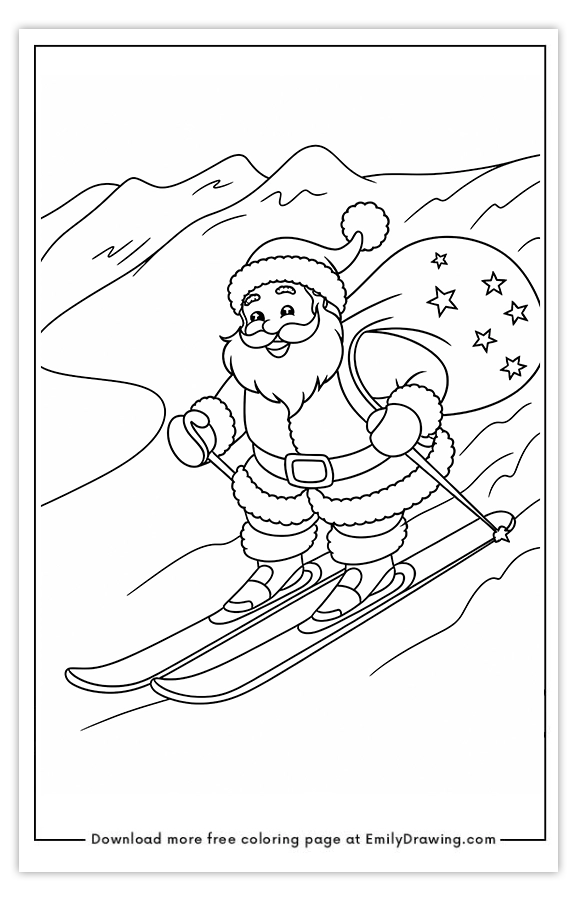 Free printable Santas Skiing Adventure Down the Slopes coloring pages with PDF files for download and printing!