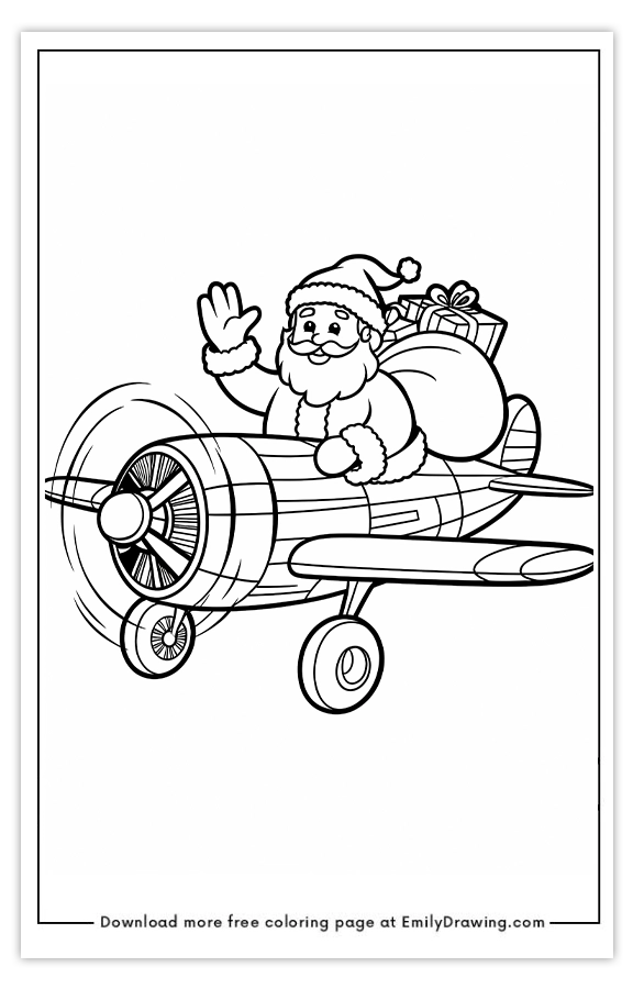 Free printable Santas in a Propeller Plane coloring pages with PDF files for download and printing!