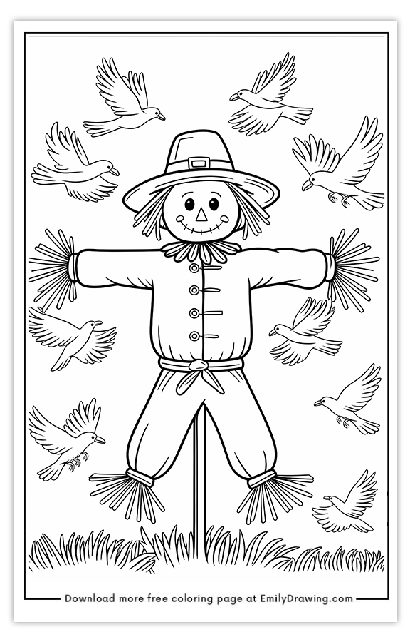 Free printable Scarecrow with Crows coloring pages with PDF files for download and printing!