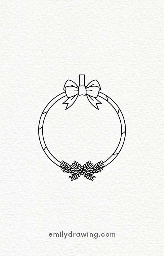 Minimalist holiday wreath drawing with a bow and pine accents.