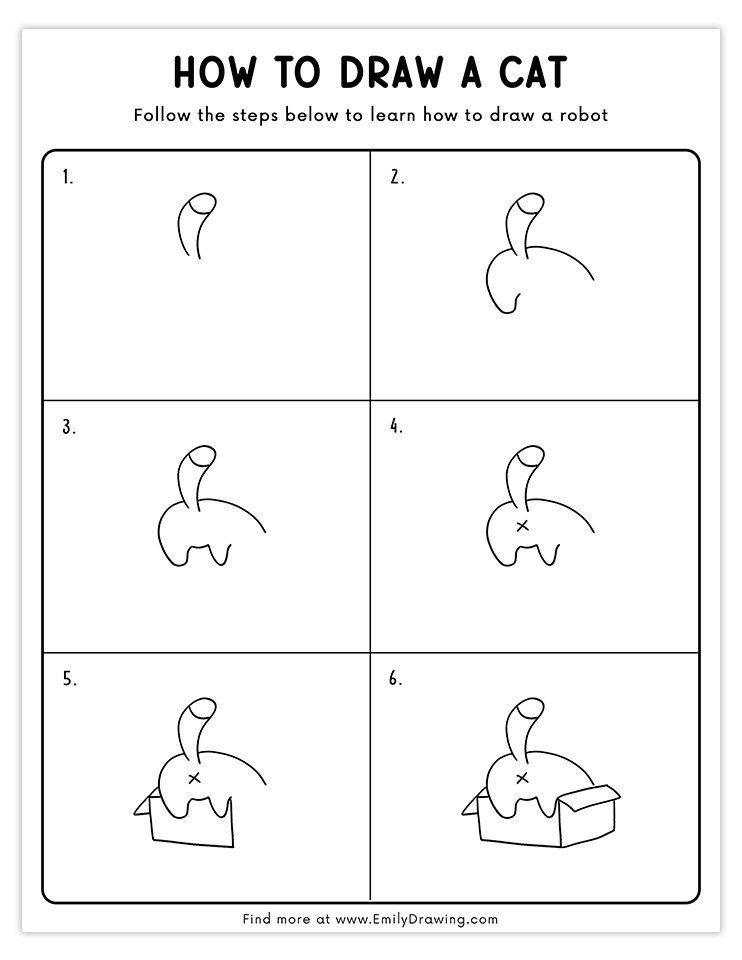 Step-by-step tutorial for drawing a cartoon cat playfully sitting in a box, perfect for beginners and cat lovers.