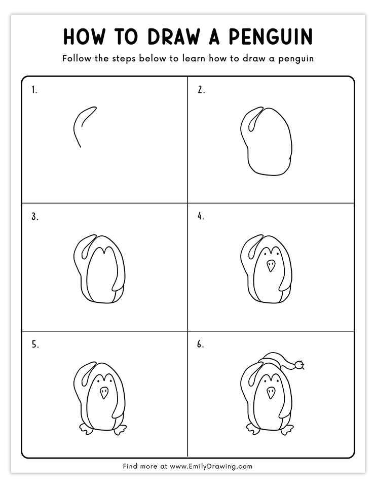 Charming penguin drawing wearing a cozy winter hat, perfect for step-by-step tutorials.