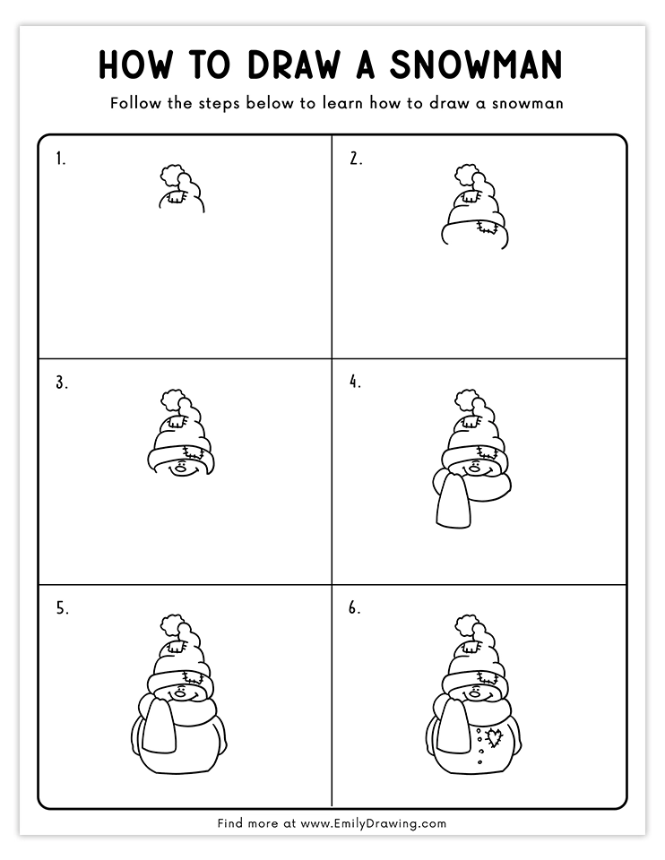 Snowman drawing with a patched hat, scarf, and heart-shaped detail, easy tutorial.