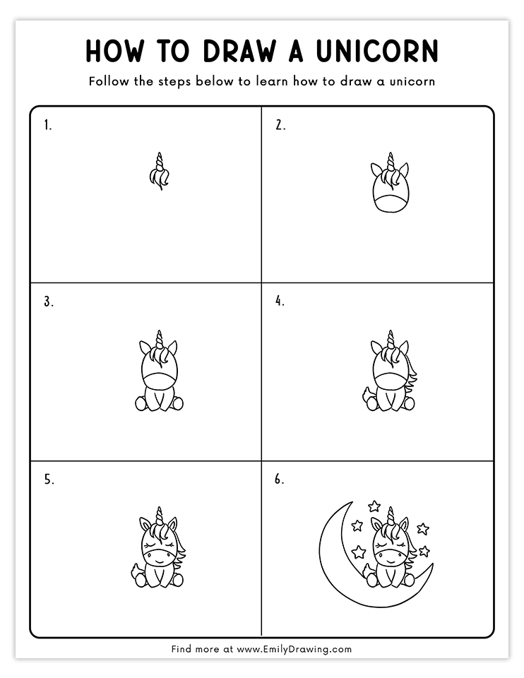 Adorable unicorn sitting on the moon with stars, in a fun drawing guide.